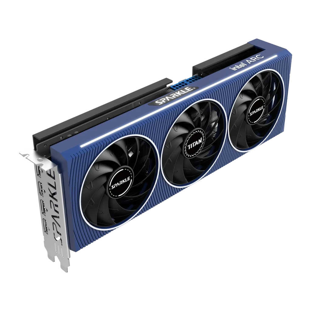 SPARKLE Arc A750 TITAN OC Edition 8 Go GDDR6, vue de face: carénage bleu avec triple ventilateur et bandeau LED blanc