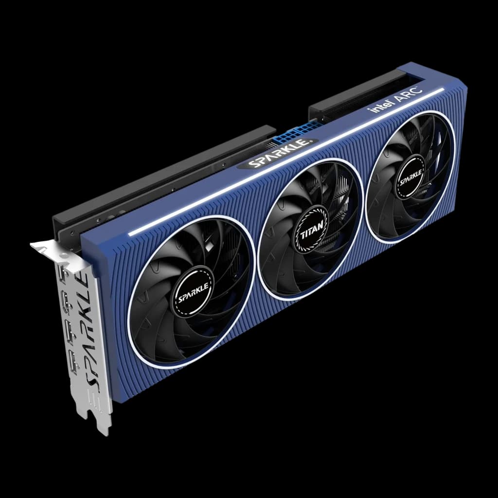 SPARKLE Arc A750 TITAN OC Edition 8 Go GDDR6, vue de face: carénage bleu avec triple ventilateur et bandeau LED blanc