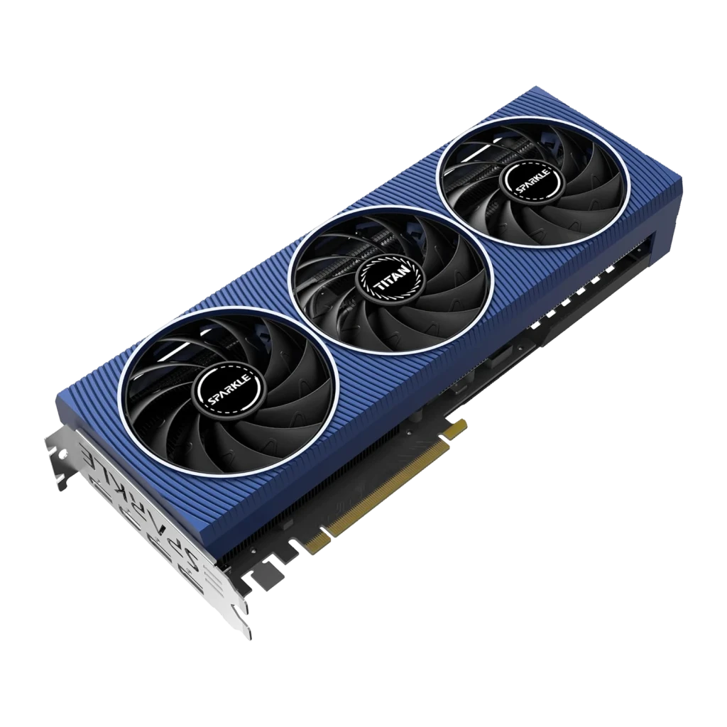 SPARKLE Arc A750 TITAN OC Edition 8 Go GDDR6, détail: triple ventilateur à anneau blanc sur shroud bleu strié