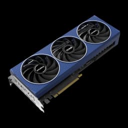 SPARKLE Arc A750 TITAN OC Edition 8 Go GDDR6, détail: triple ventilateur à anneau blanc sur shroud bleu strié
