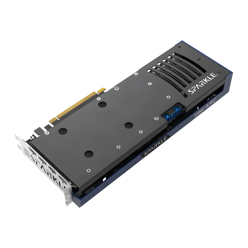 SPARKLE Arc A750 TITAN OC Edition 8 Go GDDR6, vue arrière: backplate gris avec logo SPARKLE, connecteur PCIe bleu et fentes