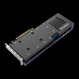 SPARKLE Arc A750 TITAN OC Edition 8 Go GDDR6, vue arrière: backplate gris avec logo SPARKLE, connecteur PCIe bleu et fentes