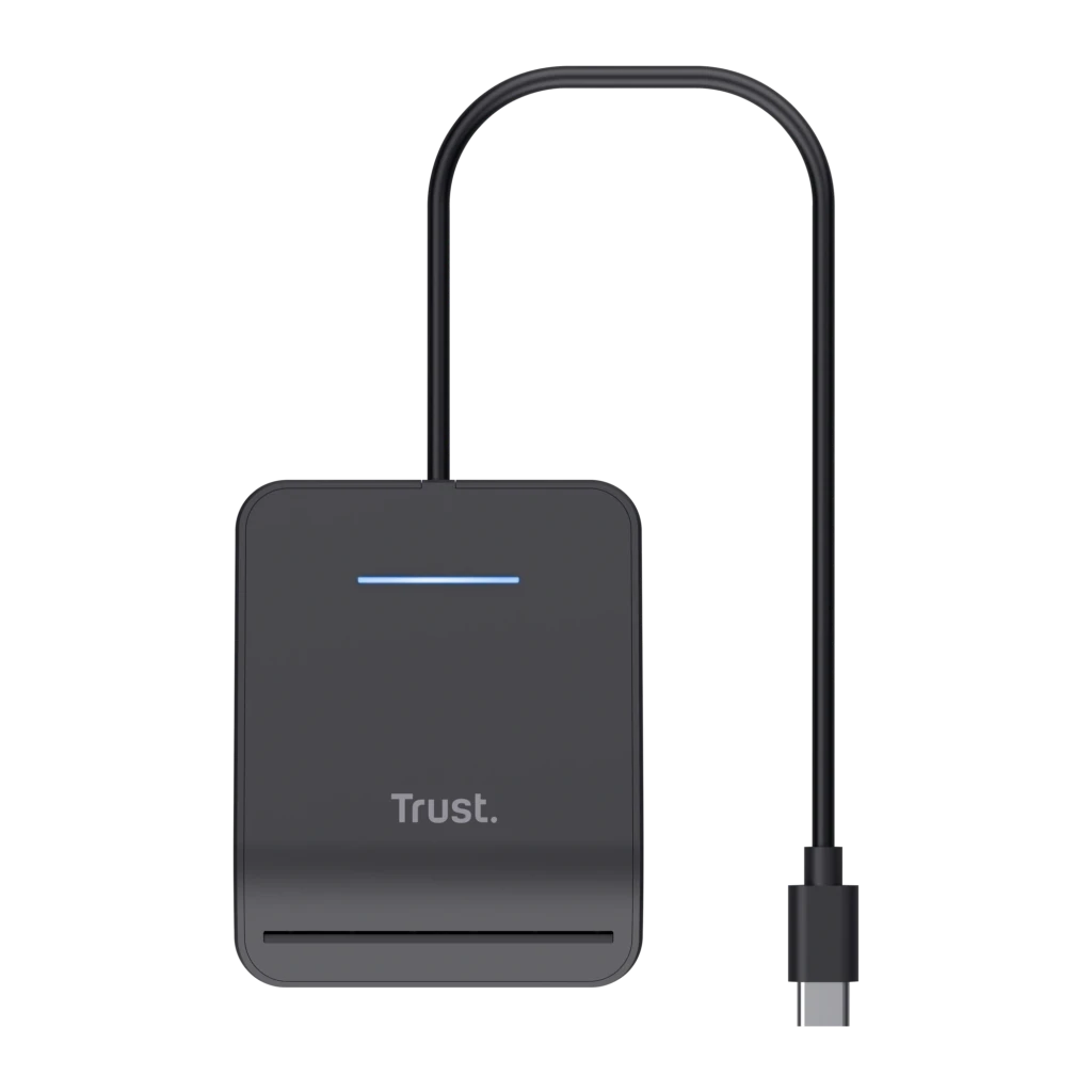 Lecteur de cartes à puce Trust Primo USB-C Noir DNIe 3.0, détail avant: fente inférieure, LED bleue et câble USB-C