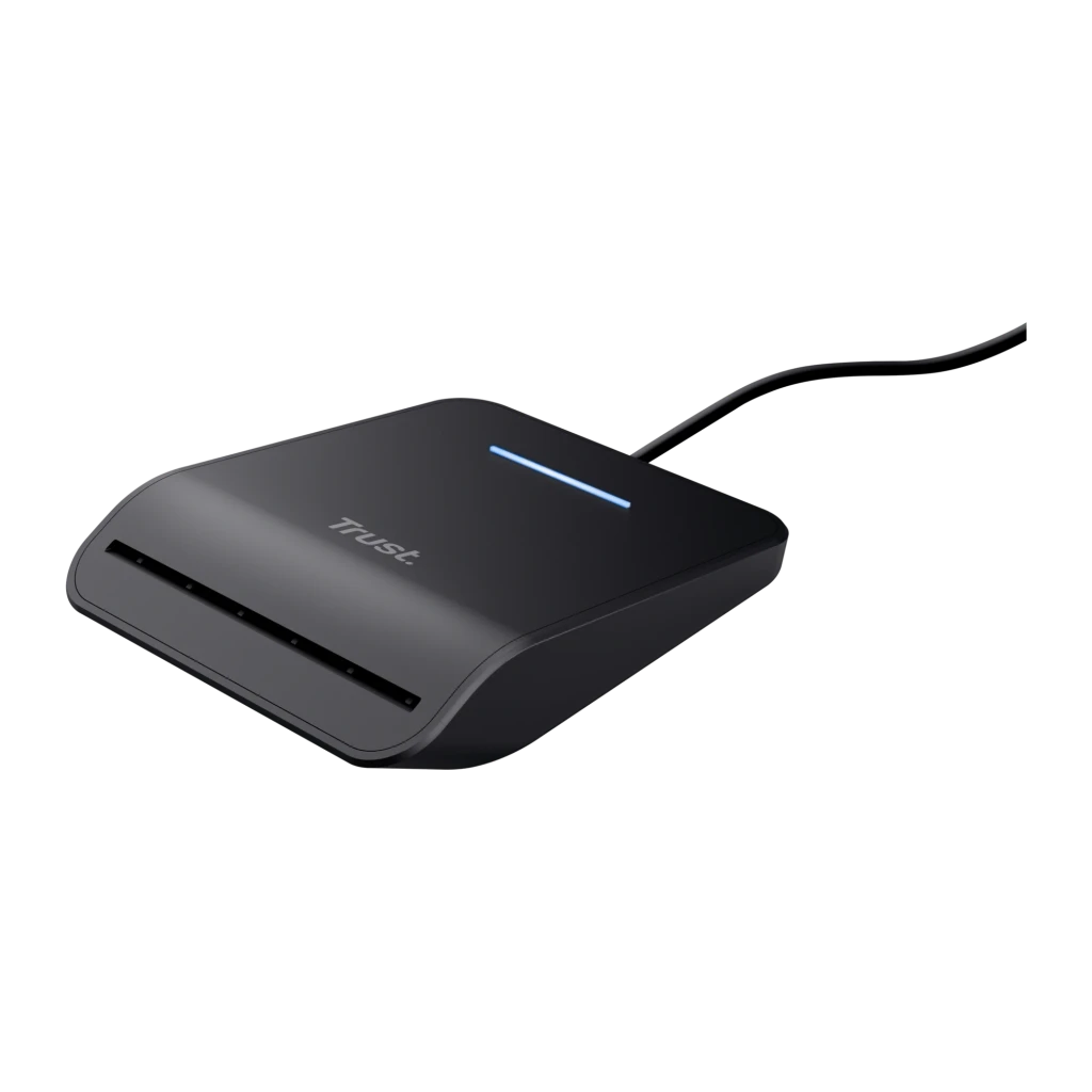 Lecteur de cartes à puce Trust Primo USB-C Noir DNIe 3.0, détail: LED bleue allumée, fente frontale et câble USB-C visibles