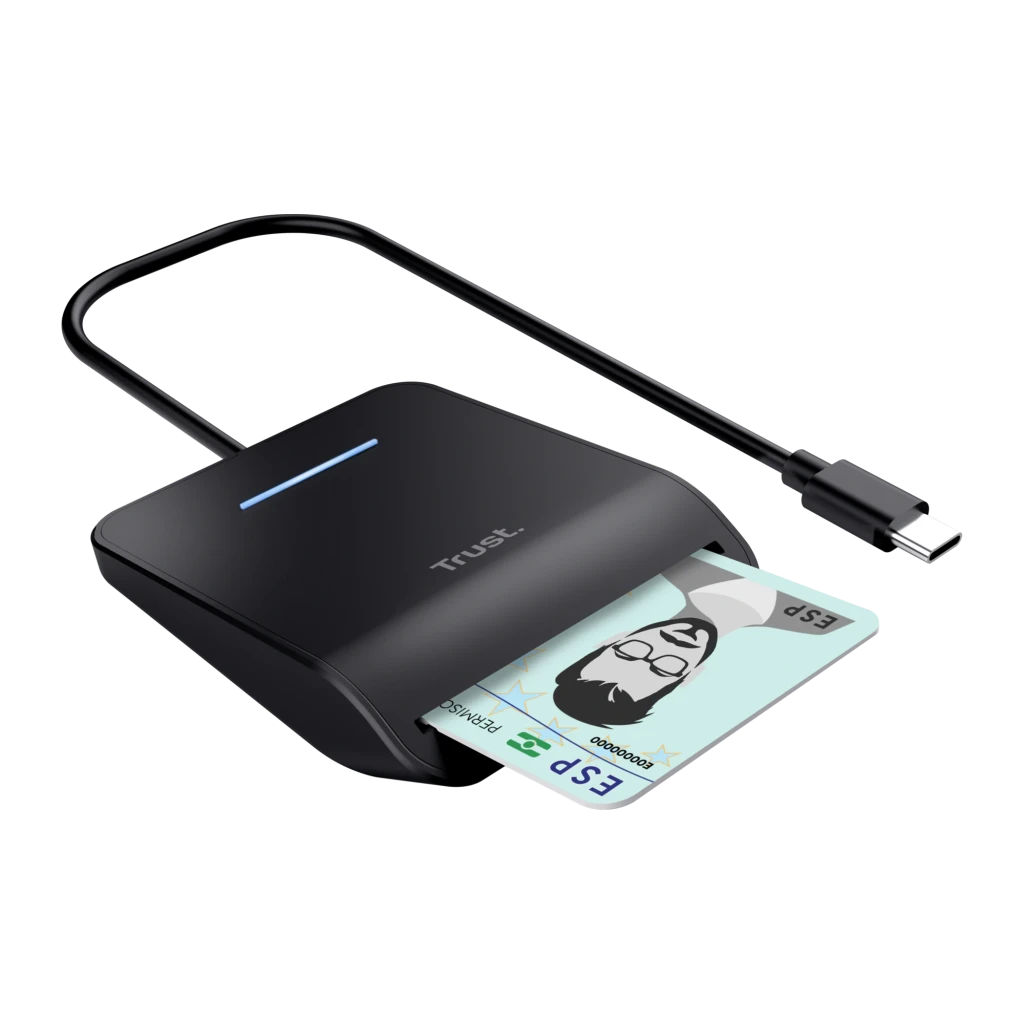 Lecteur de cartes à puce Trust Primo USB-C Noir DNIe 3.0, détail: carte d'identité espagnole insérée dans la fente, LED