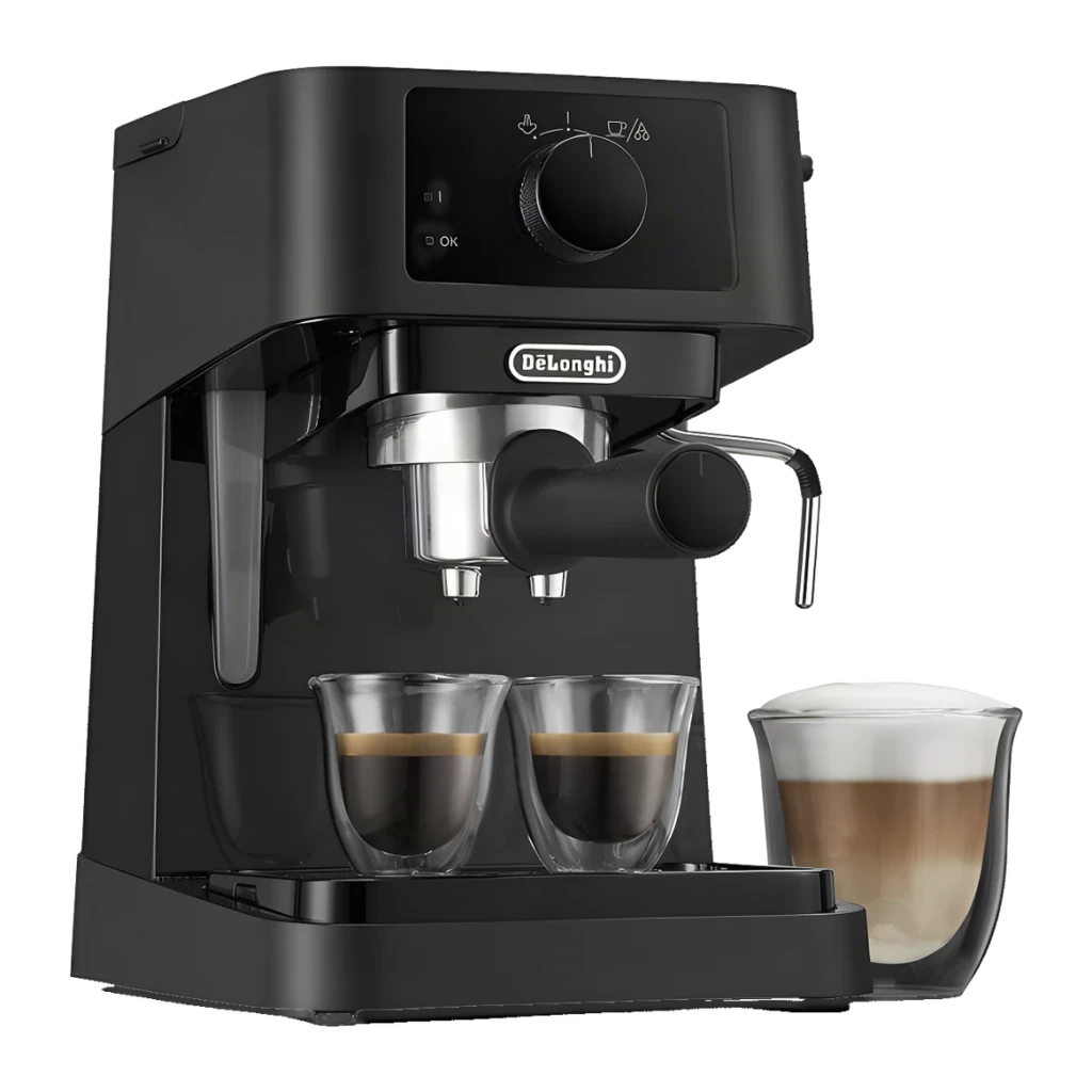 Machine à Expresso De'Longhi Stilosa 1L Buse Vapeur 15bar Noir EC235.BK, détail: porte-filtre, buse vapeur et deux expressos