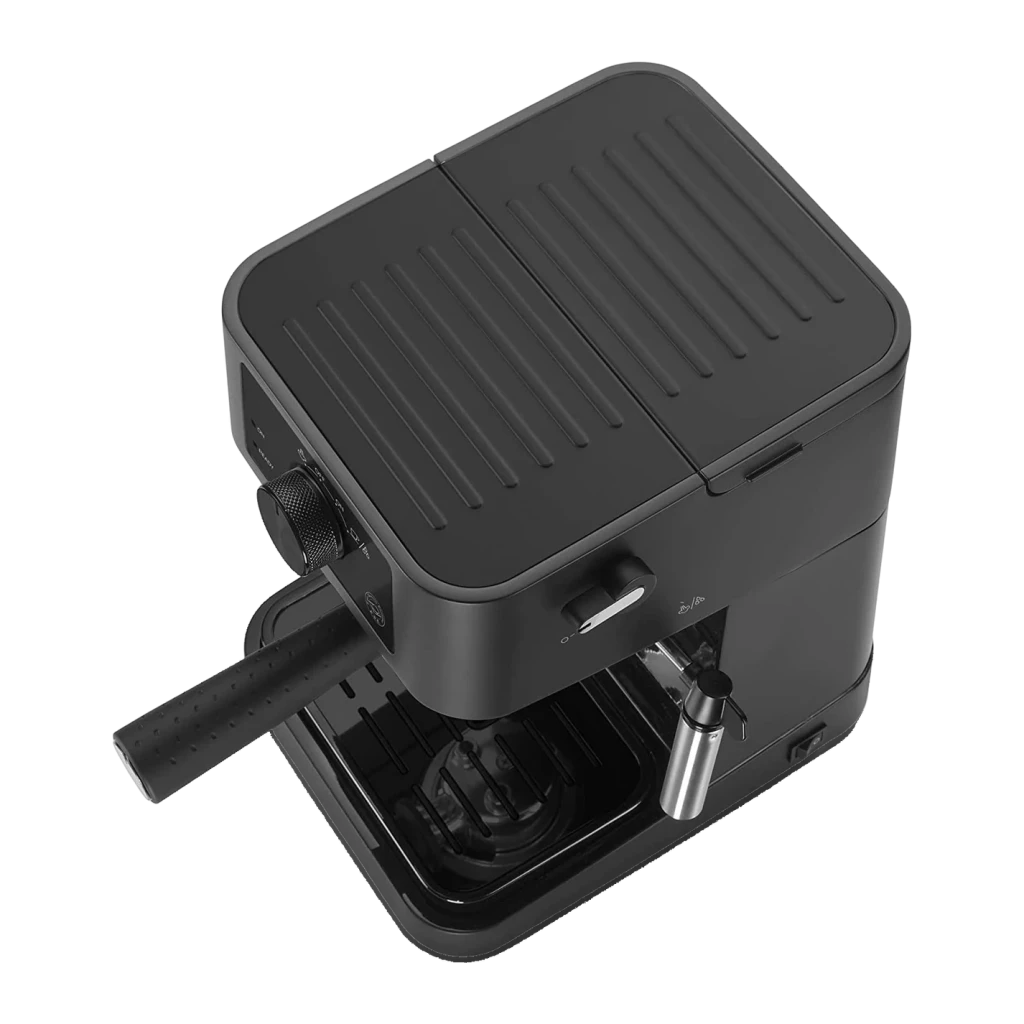Machine à Expresso De'Longhi Stilosa 1L Buse Vapeur 15bar Noir EC235.BK, vue arrière: couvercle strié, buse vapeur chromée