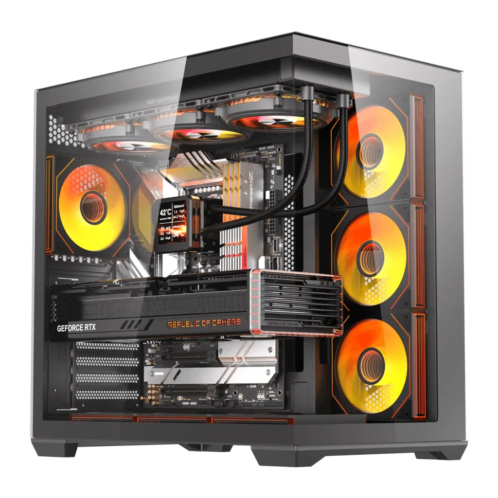 Caja PC Darkflash C280 Cristal Templado E-ATX 7 Ventiladores 120mm ARGB Negro, vista frontal: interior con ventiladores ARGB