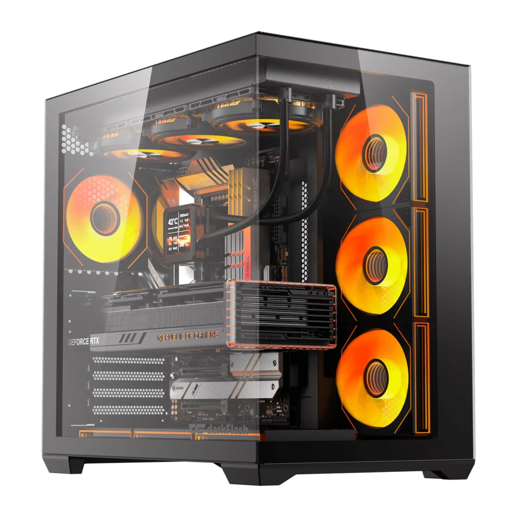 Caja PC Darkflash C280 Cristal Templado E-ATX 7 Ventiladores 120mm ARGB Negro, detalle: interior con ventiladores ARGB