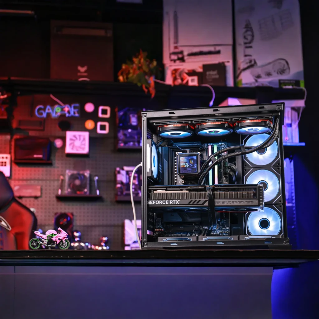 Caja PC Darkflash C280 Cristal Templado E-ATX 7 Ventiladores 120mm ARGB Negro, en uso: interior con GPU RTX, refrigeración