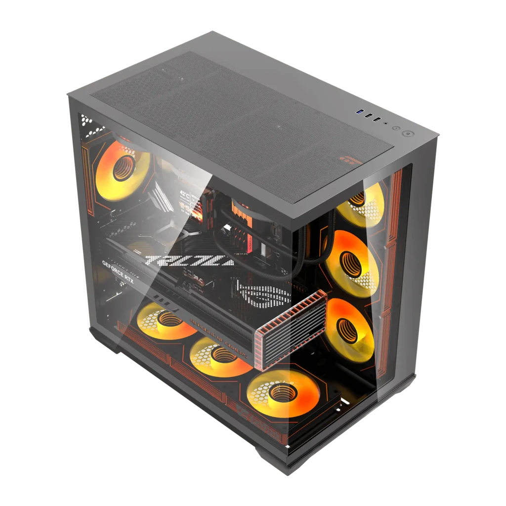 Caja PC Darkflash C280 Cristal Templado E-ATX 7 Ventiladores 120mm ARGB Negro, detalle: interior con ventiladores ARGB