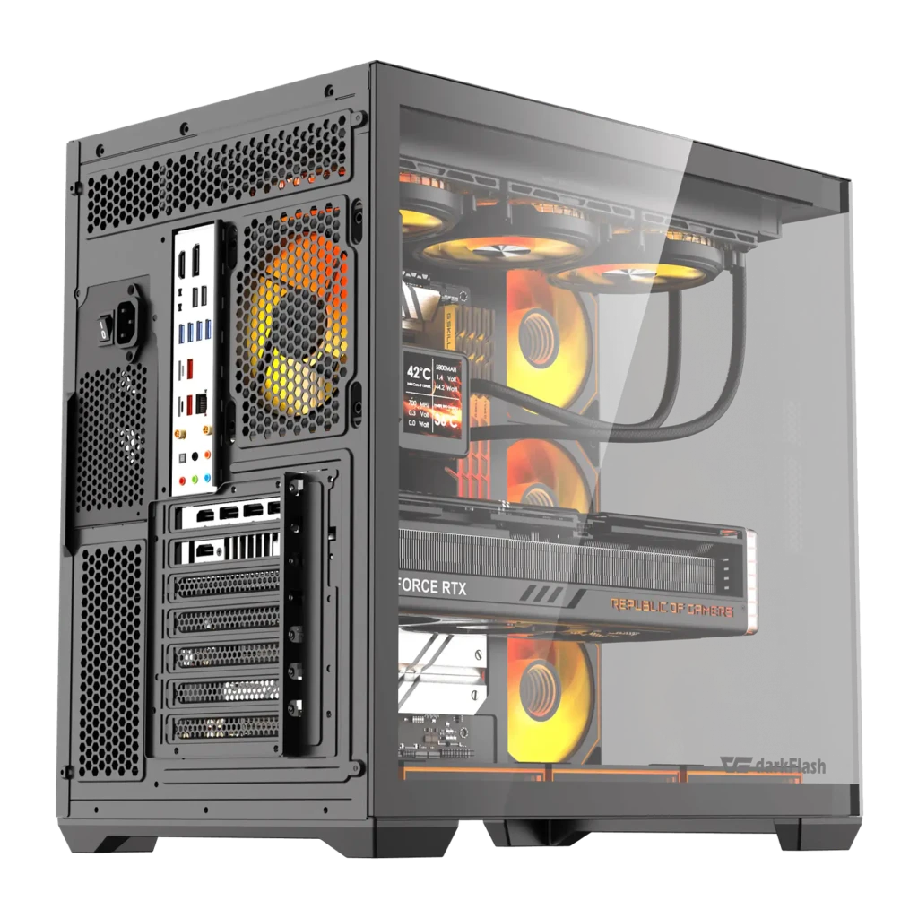 Caja PC Darkflash C280 Cristal Templado E-ATX 7 Ventiladores 120mm ARGB Negro, vista trasera: panel I/O, ranuras PCIe