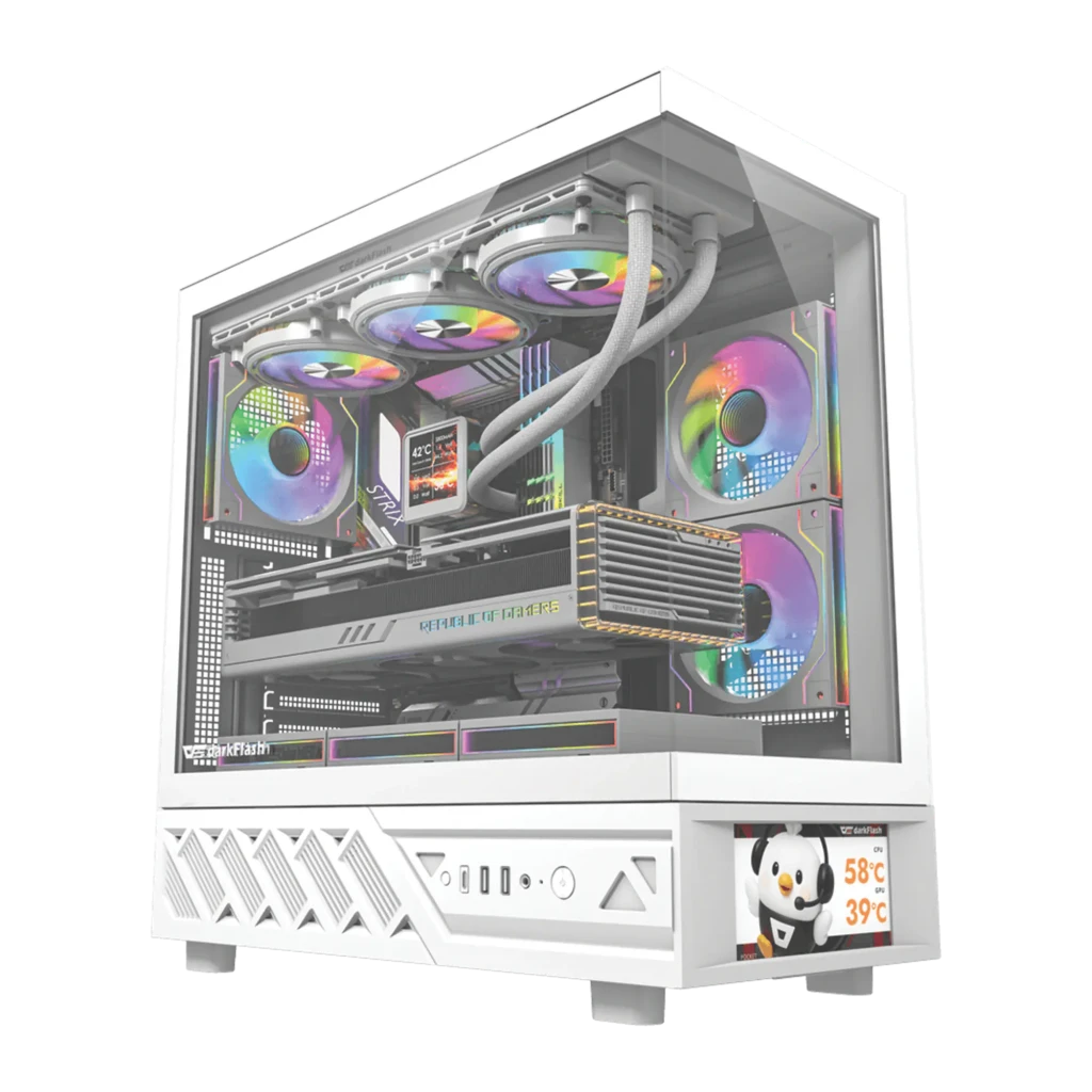 Caja PC Darkflash DS950V Cristal Templado 270° ATX Blanco, vista frontal: panel de vidrio 270°, ventiladores RGB, pantalla