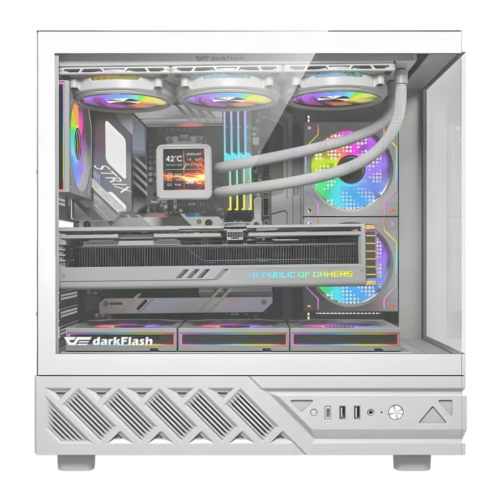 Caja PC Darkflash DS950V Cristal Templado 270° ATX Blanco, detalle: interior con ventiladores RGB, GPU ROG y pantalla LCD