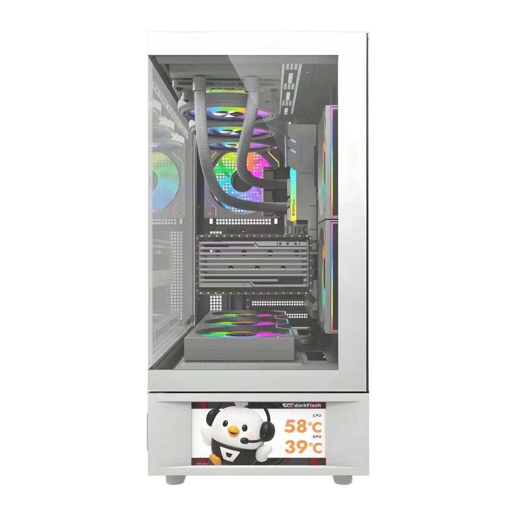 Caja PC Darkflash DS950V Cristal Templado 270° ATX Blanco, detalle: interior con ventiladores RGB, refrigeración líquida
