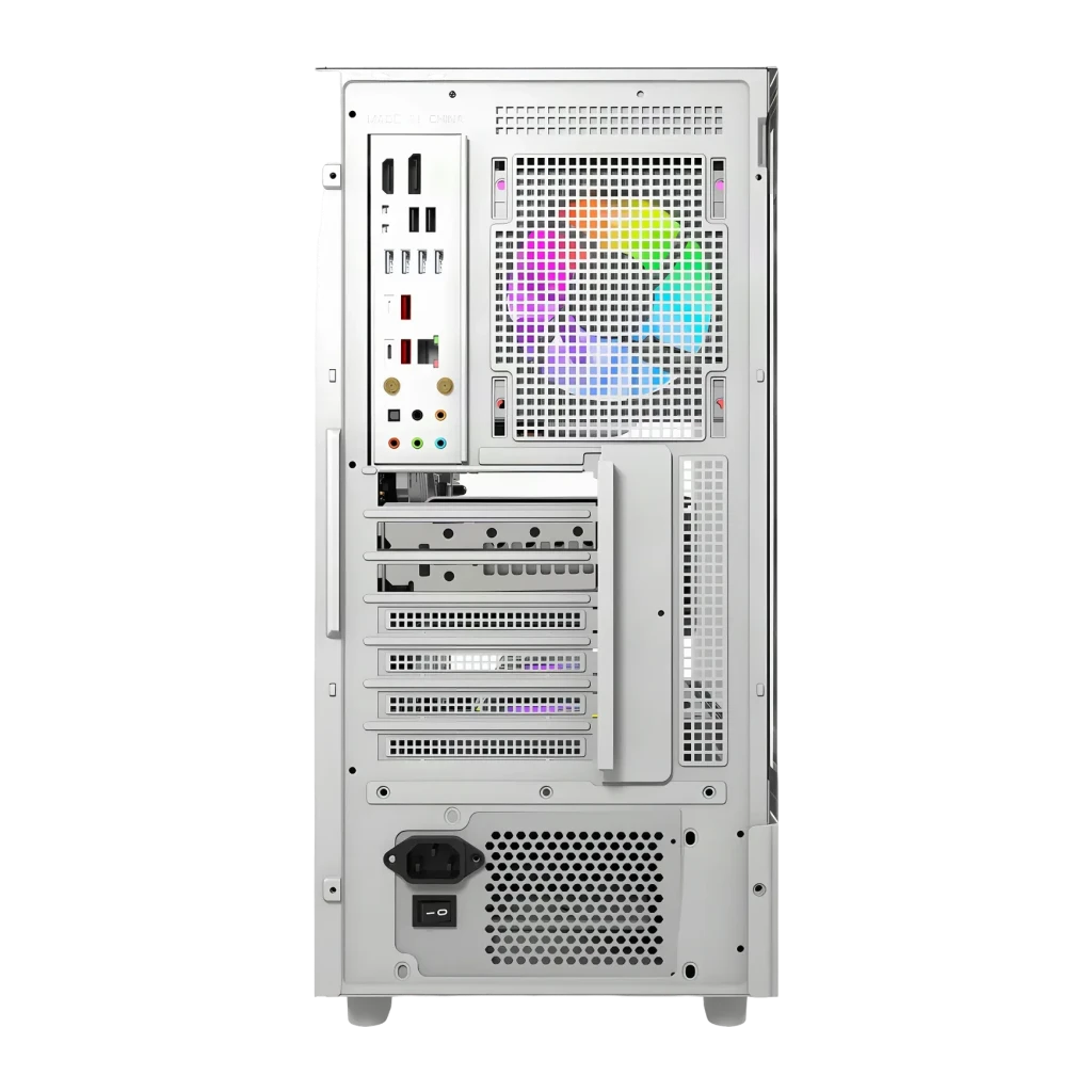 Caja PC Darkflash DS950V Cristal Templado 270° ATX Blanco, vista trasera: panel I/O, ranuras PCIe y ventilador RGB iluminado