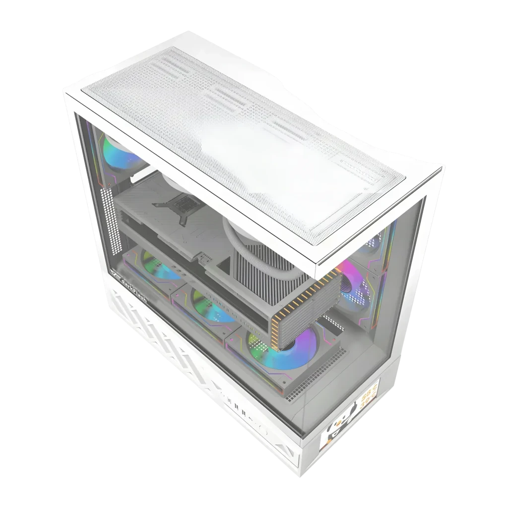 Caja PC Darkflash DS950V Cristal Templado 270° ATX Blanco, detalle: vista superior en ángulo con ventiladores ARGB y panel