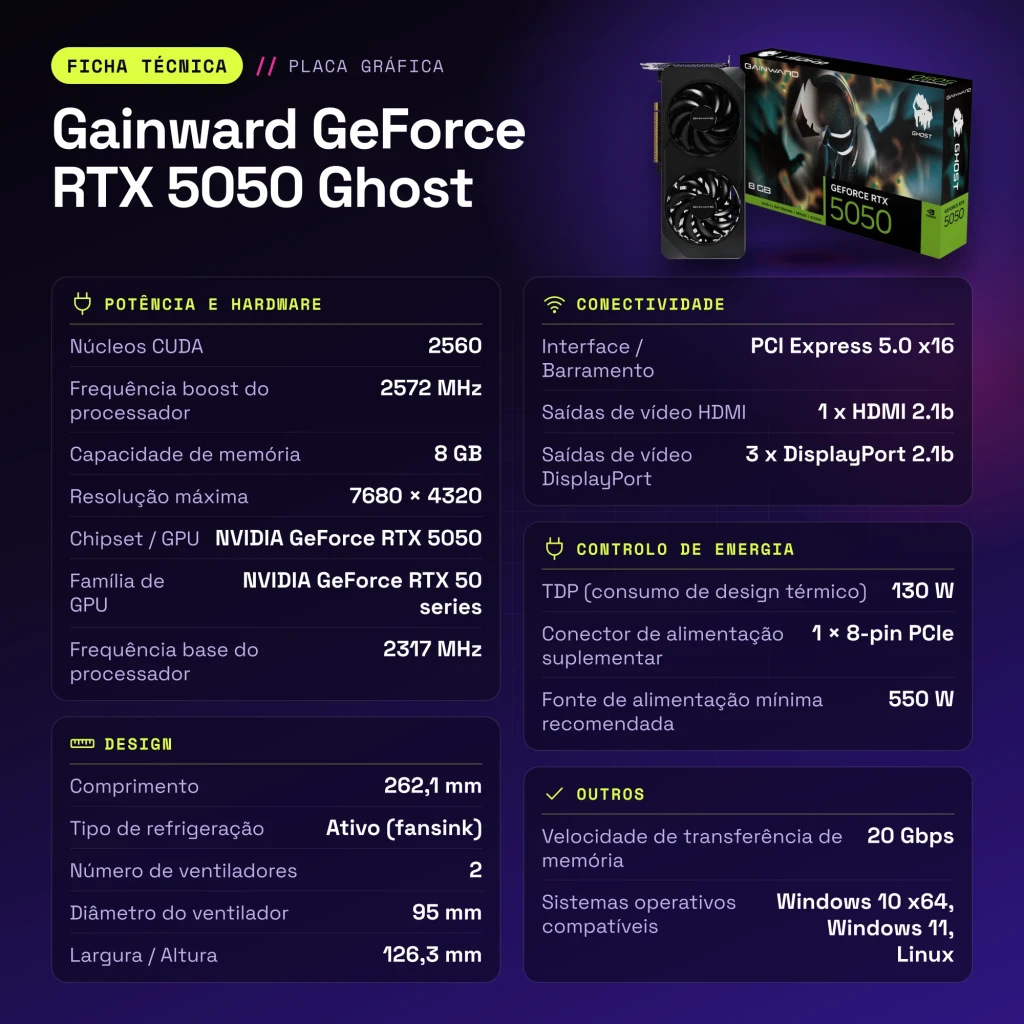 Tarjeta gráfica Gainward GeForce RTX 5050 Ghost 8GB GDDR6 Negro - características