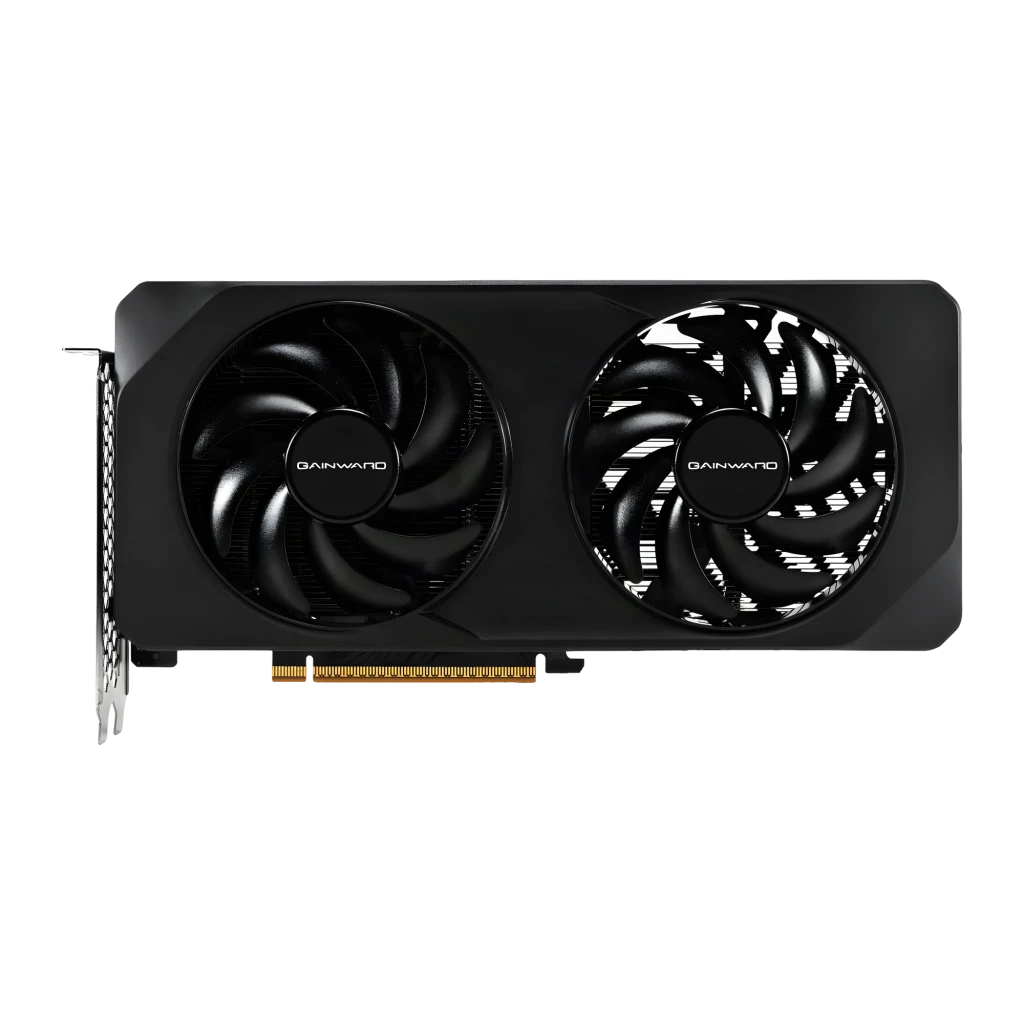 Gainward GeForce RTX 5050 Ghost 8GB GDDR6 Negro, detalle frontal: dos ventiladores con logo Gainward y conector PCIe dorado
