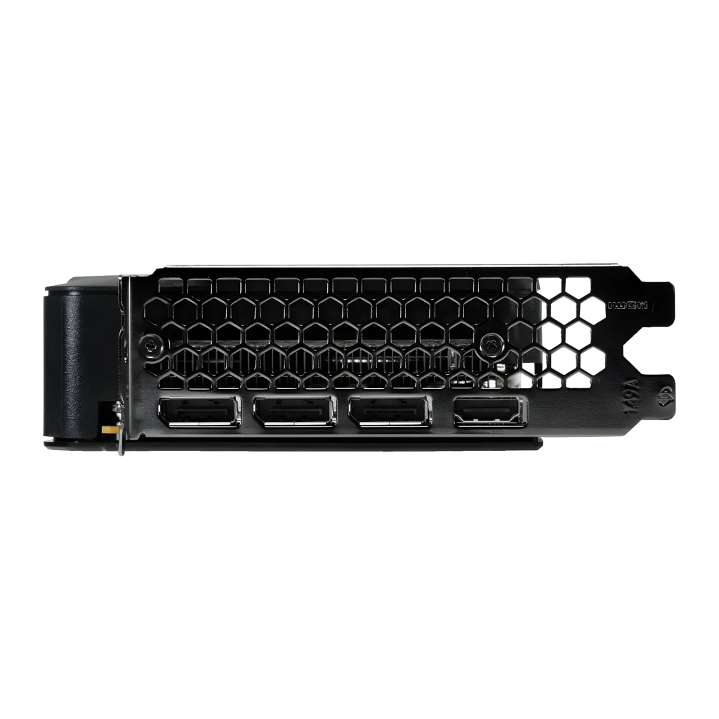 Gainward GeForce RTX 5050 Ghost 8GB GDDR6 Negro, detalle: bracket con 3 DisplayPort y 1 HDMI sobre rejilla hexagonal negra