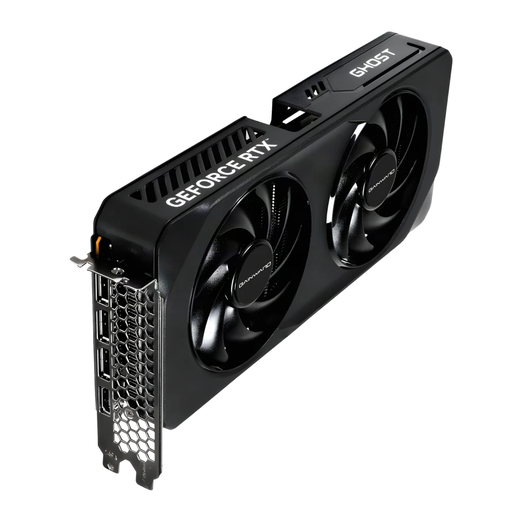 Gainward GeForce RTX 5050 Ghost 8GB GDDR6 Negro, detalle: vista en ángulo con dos ventiladores, logo GHOST y bracket