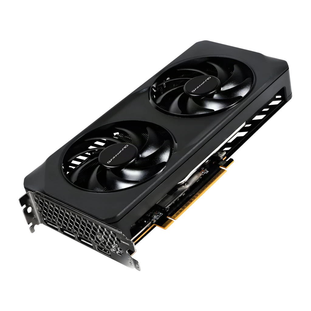 Gainward GeForce RTX 5050 Ghost 8GB GDDR6 Negro, vista frontal: cubierta negra con dos ventiladores y bracket con puertos