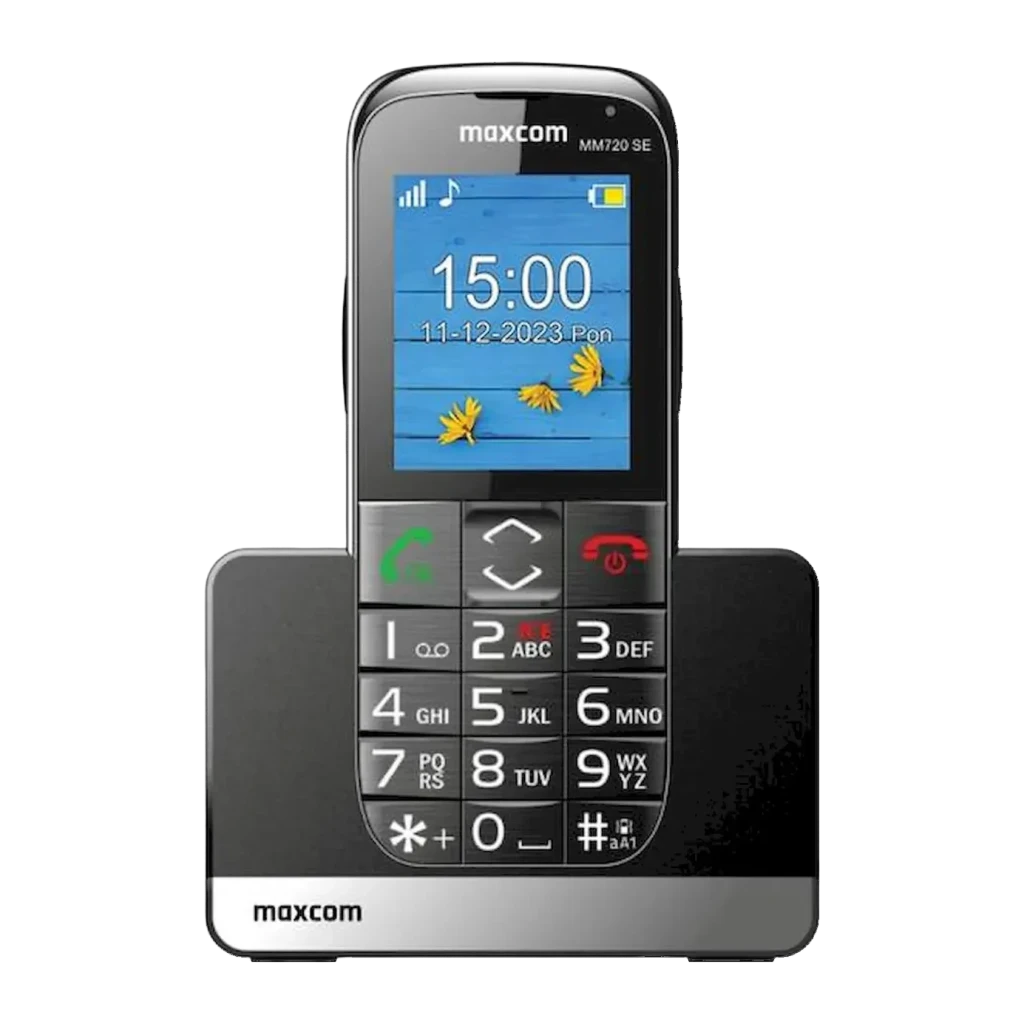 Maxcom MM720 SE 2,2 pulgadas 800mAh Negro microSD, detalle frontal: pantalla encendida, teclado grande y base de carga