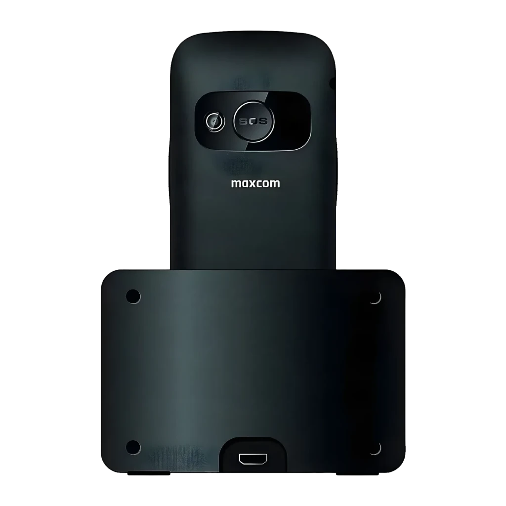 Maxcom MM720 SE 2,2 pulgadas 800mAh Negro microSD, detalle trasero: módulo de cámara con botón SOS y base de carga