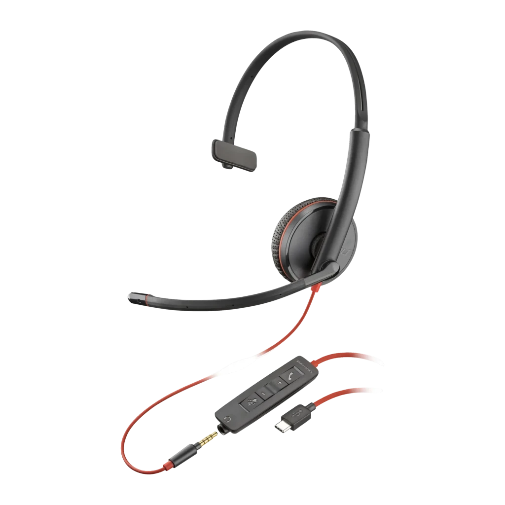 Casque Poly Blackwire C3215 Monaural Réduction de Bruit Serre-tête Monaural Noir, vue de face: écouteur unique avec anneau