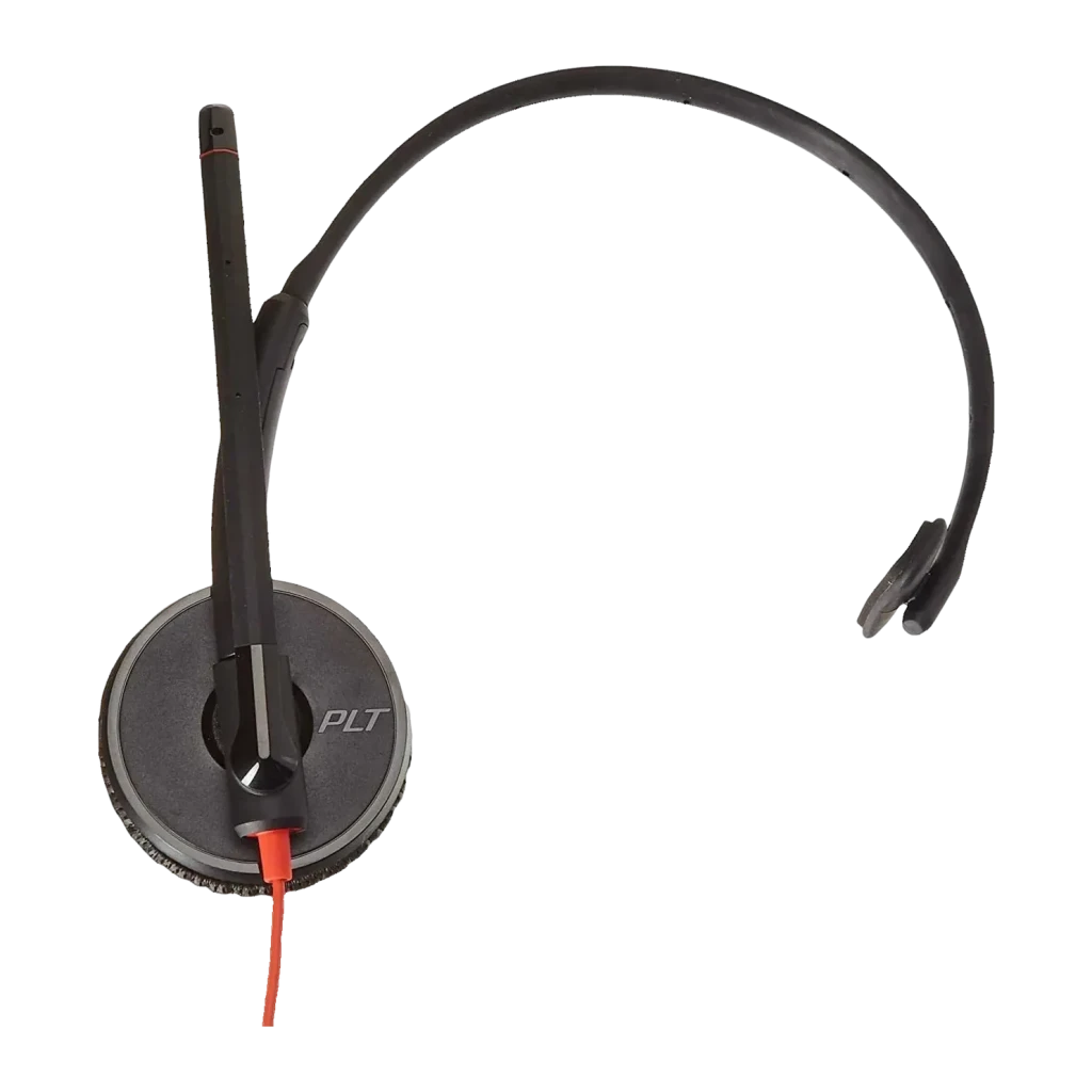 Casque Poly Blackwire C3215 Monaural Réduction de Bruit Serre-tête Monaural Noir, vue arrière: coque unique, logo PLT