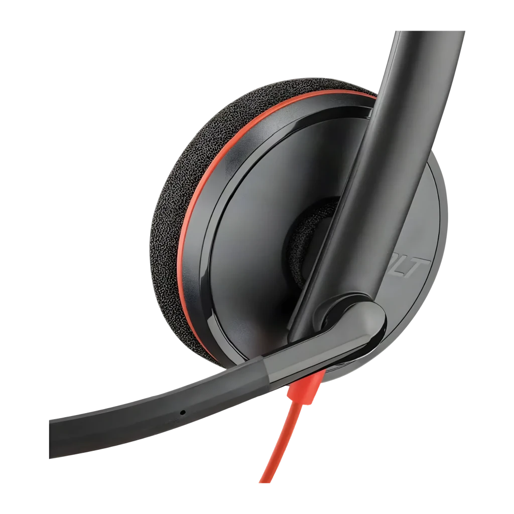 Casque Poly Blackwire C3215 Monaural Réduction de Bruit Serre-tête Monaural Noir, détail: coussin avec liseré rouge et bras