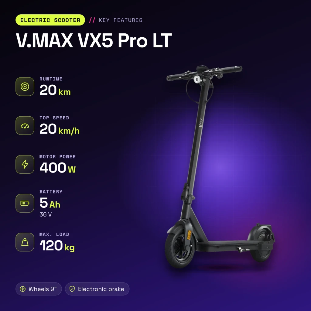 Patinete Eléctrico V.MAX VX5 Pro LT 400W 20km/h 9 pulgadas Negro - características