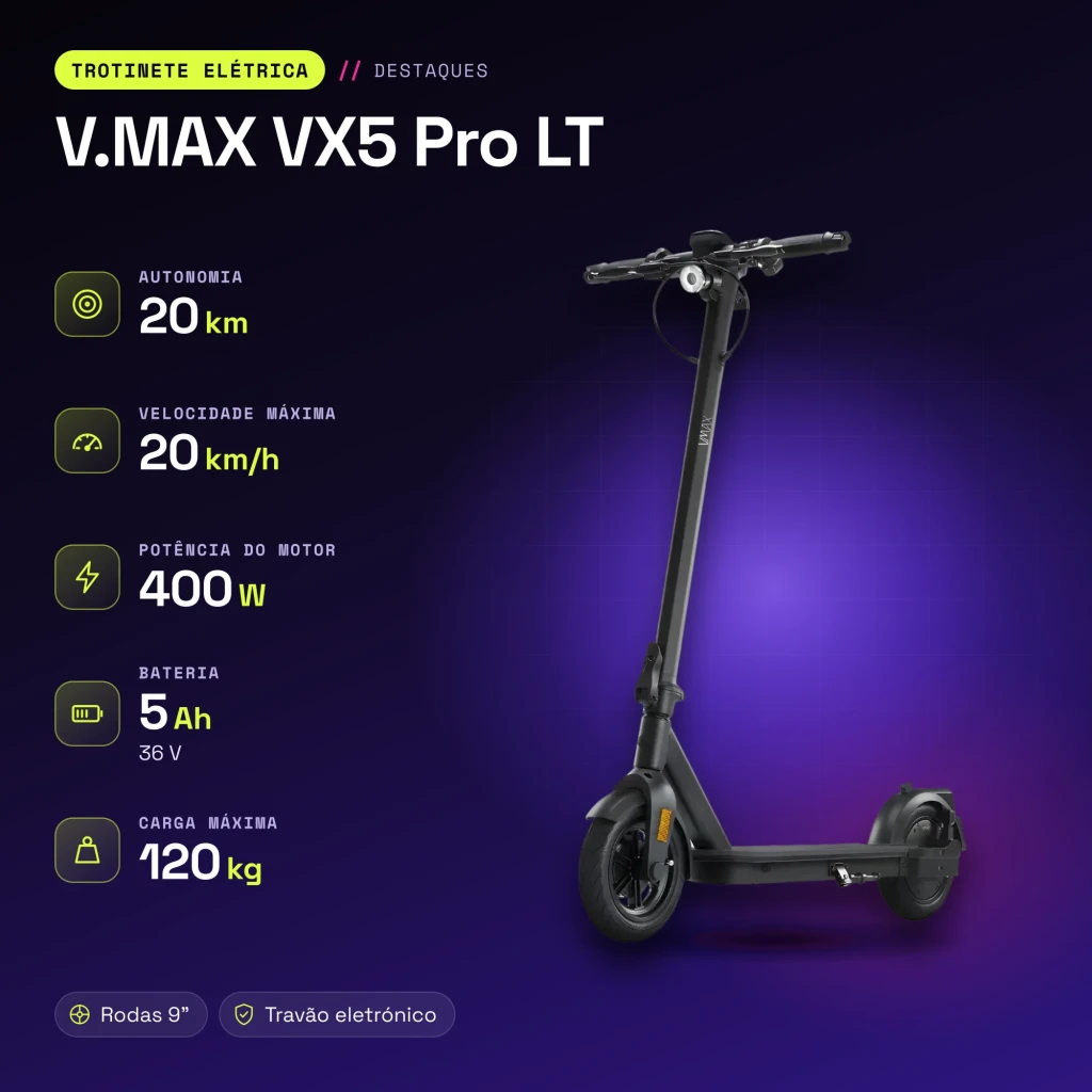 Patinete Eléctrico V.MAX VX5 Pro LT 400W 20km/h 9 pulgadas Negro - características
