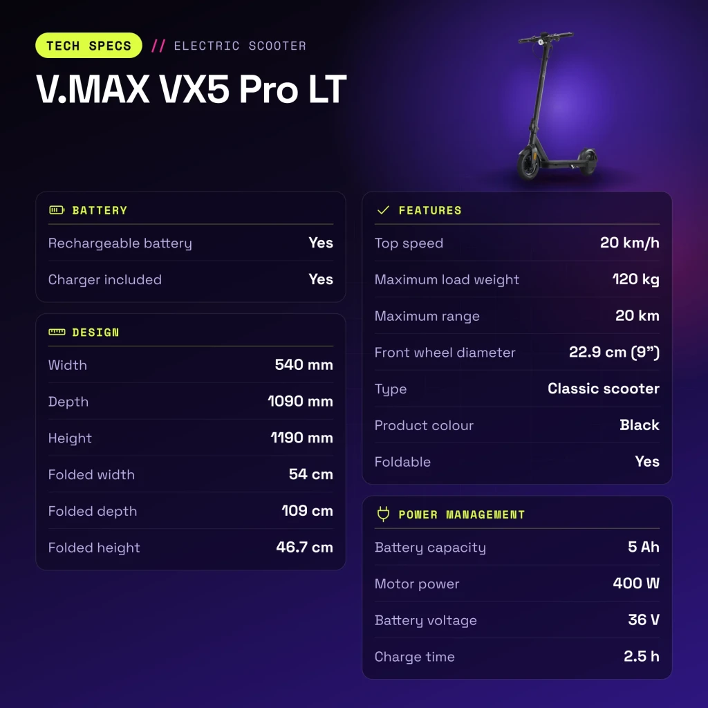 Patinete Eléctrico V.MAX VX5 Pro LT 400W 20km/h 9 pulgadas Negro - características