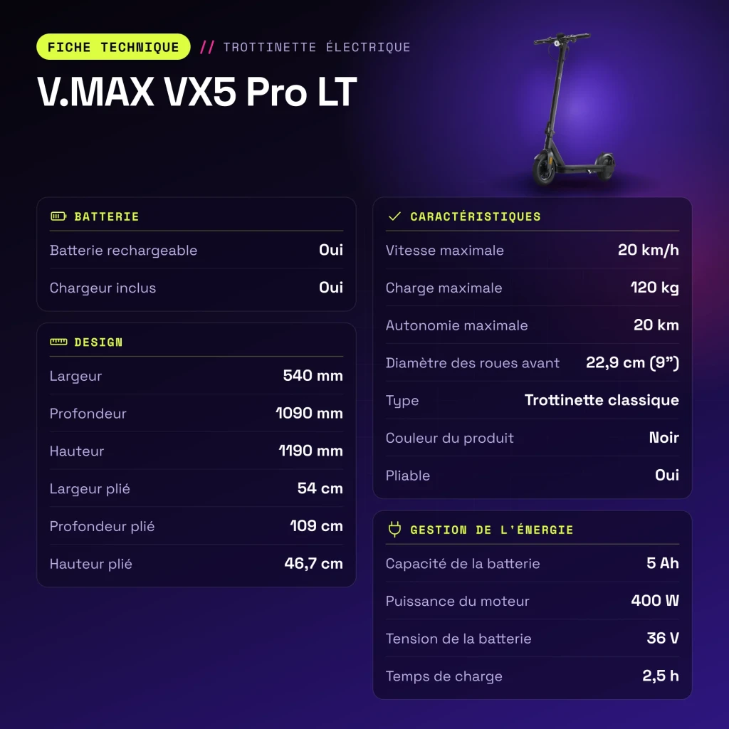 Patinete Eléctrico V.MAX VX5 Pro LT 400W 20km/h 9 pulgadas Negro - características