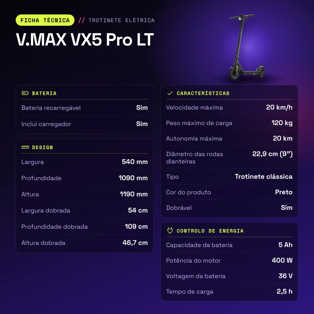 Patinete Eléctrico V.MAX VX5 Pro LT 400W 20km/h 9 pulgadas Negro - características