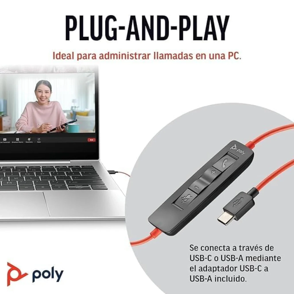 Auriculares Poly Blackwire 3210 Monaural USB-C Reducción de ruido Diadema Negro, detalle: control en línea con conector