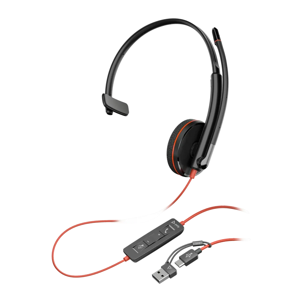 Auriculares Poly Blackwire 3210 Monaural USB-C Reducción de ruido Diadema Negro, detalle: auricular único con aro naranja