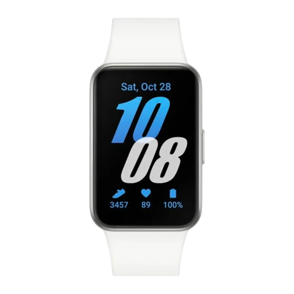 Samsung Galaxy Fit 3 Prata/Branco Monitor Frequência Cardíaca SpO2 Monitorização do Sono, detalhe: ecrã com hora, passos