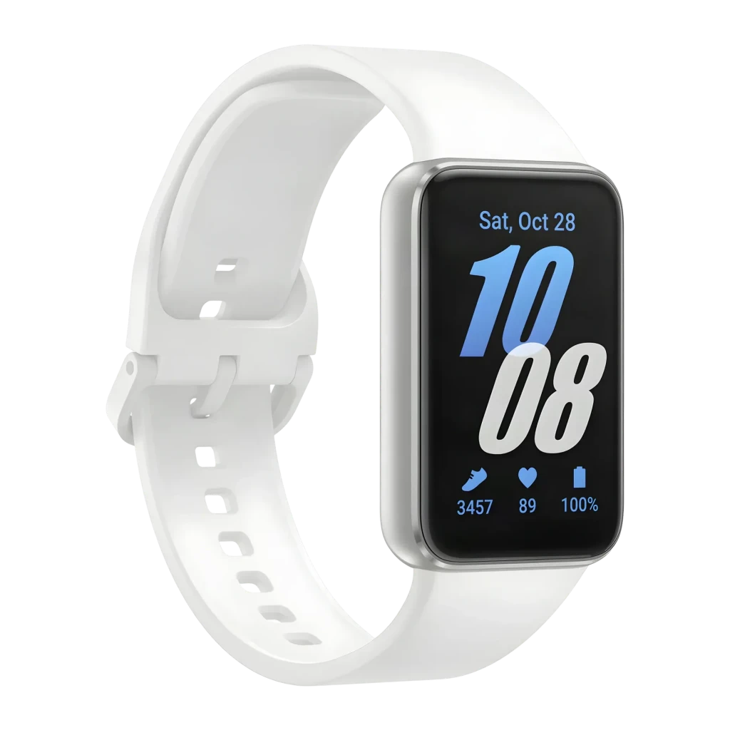 Samsung Galaxy Fit 3 Prata/Branco Monitor Frequência Cardíaca SpO2 Monitorização do Sono, detalhe: ecrã ativo com hora