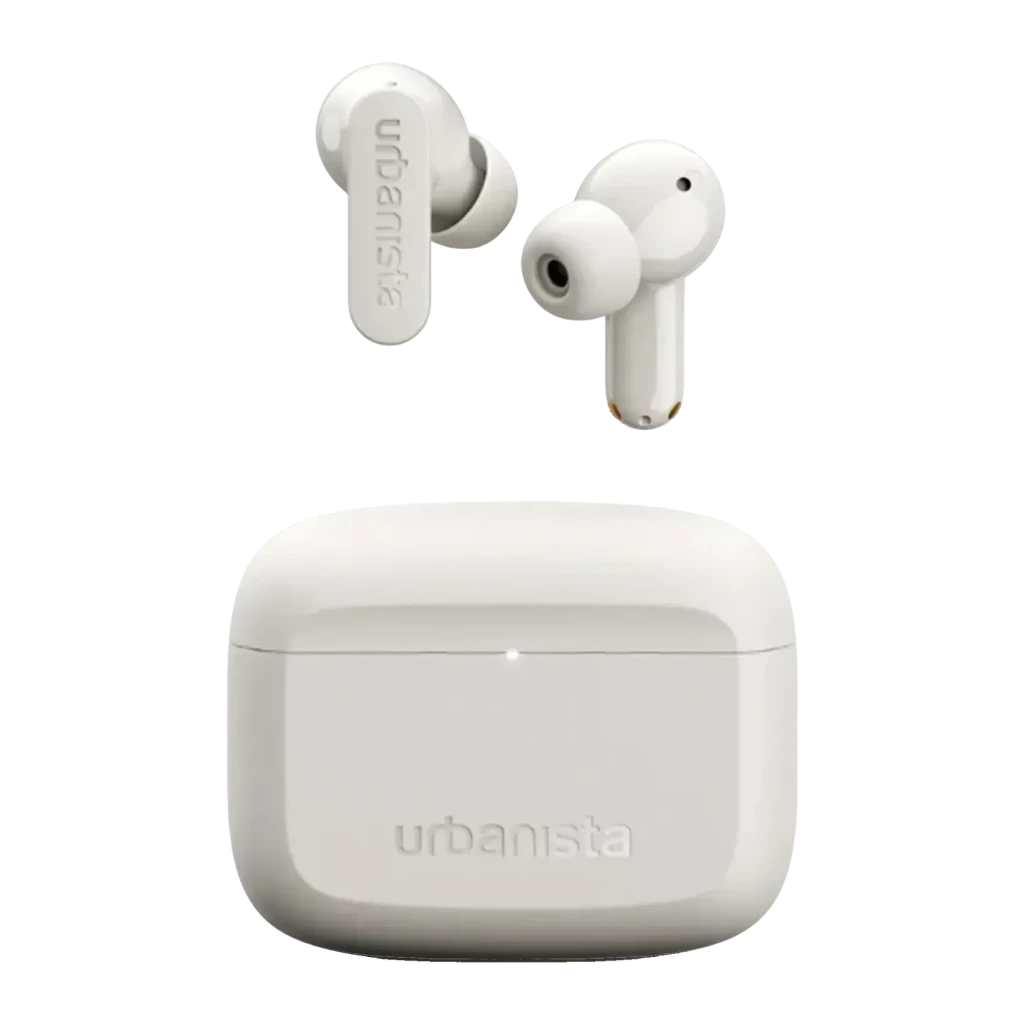 Auriculares Urbanista Palo Alto Cancelación de Ruido TWS Bluetooth 5.3 Blanco, vista frontal: dos earbuds con logo y estuche