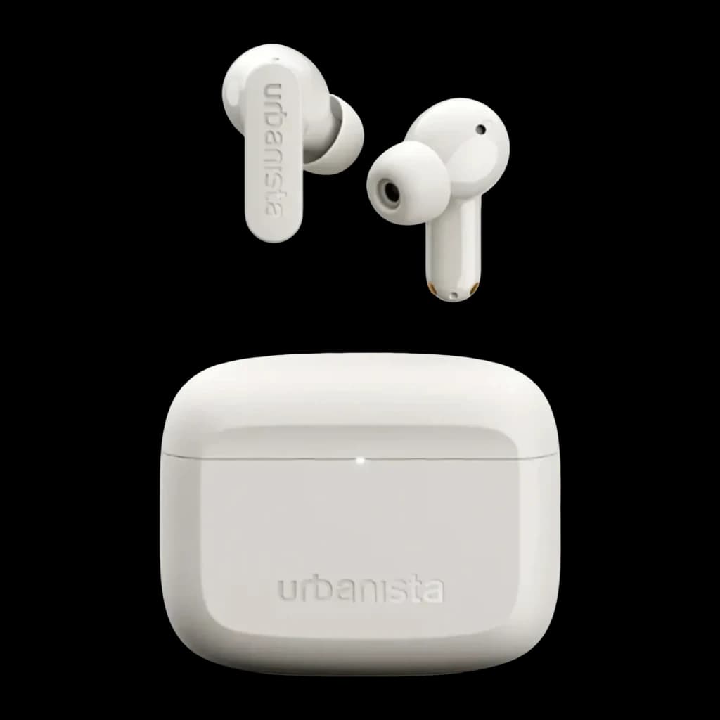Auriculares Urbanista Palo Alto Cancelación de Ruido TWS Bluetooth 5.3 Blanco, vista frontal: dos earbuds con logo y estuche