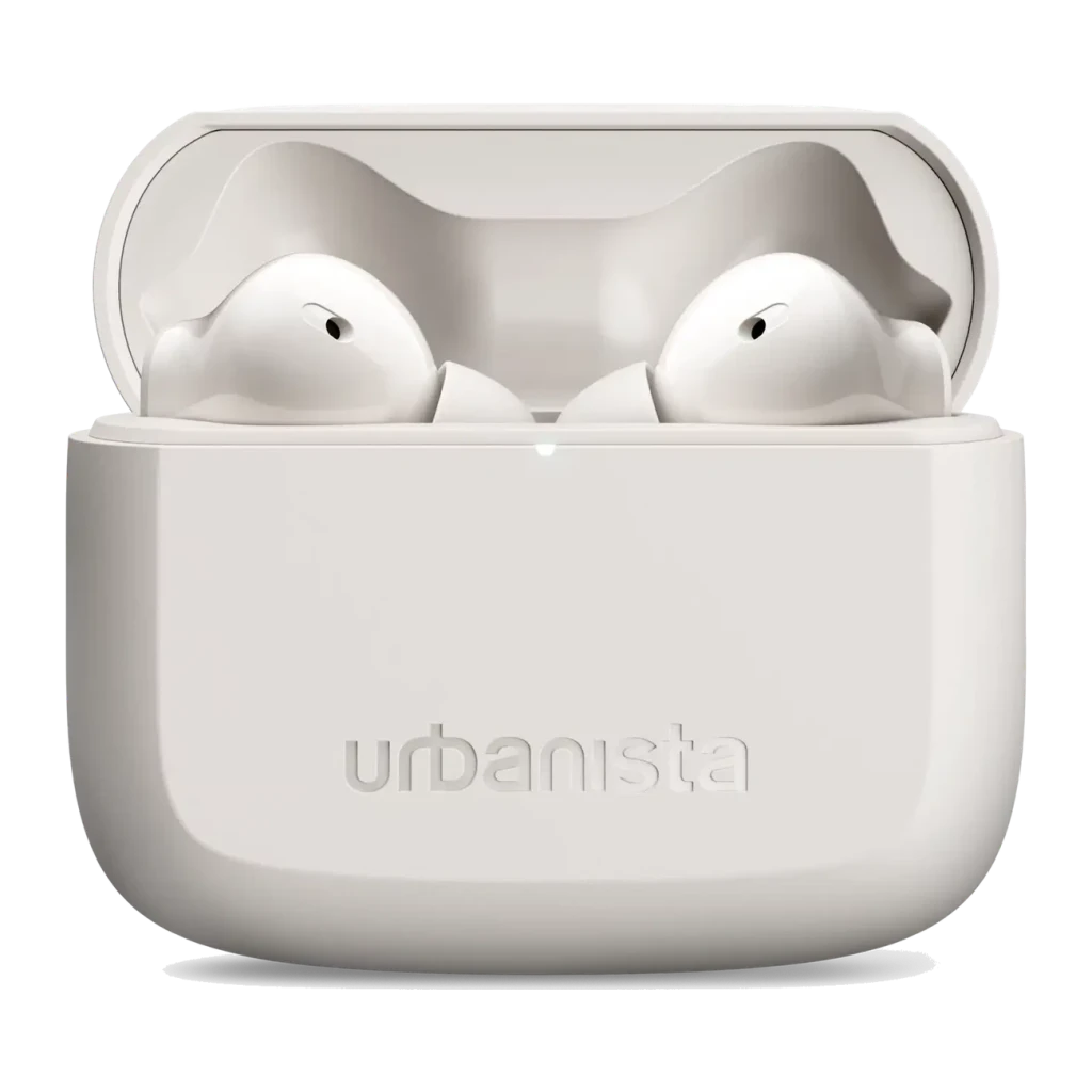 Auriculares Urbanista Palo Alto Cancelación de Ruido TWS Bluetooth 5.3 Blanco, detalle: estuche abierto con ambos earbuds