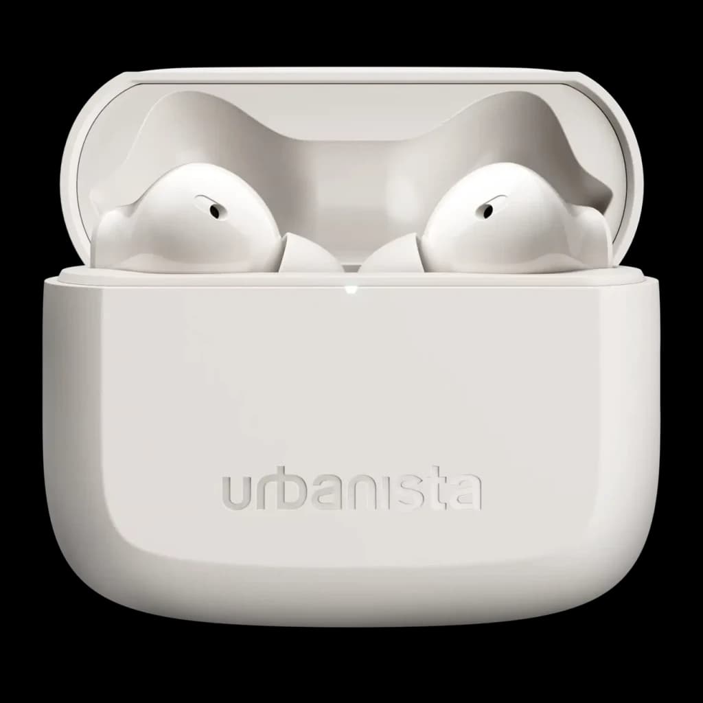 Auriculares Urbanista Palo Alto Cancelación de Ruido TWS Bluetooth 5.3 Blanco, detalle: estuche abierto con ambos earbuds
