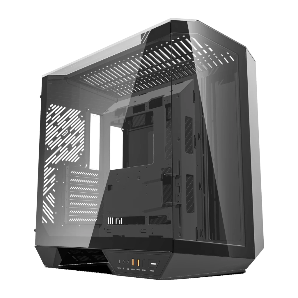 Caja PC Darkflash DY470 ATX Radiador 360mm Negro, vista frontal: panel lateral de cristal templado, rejillas de ventilación