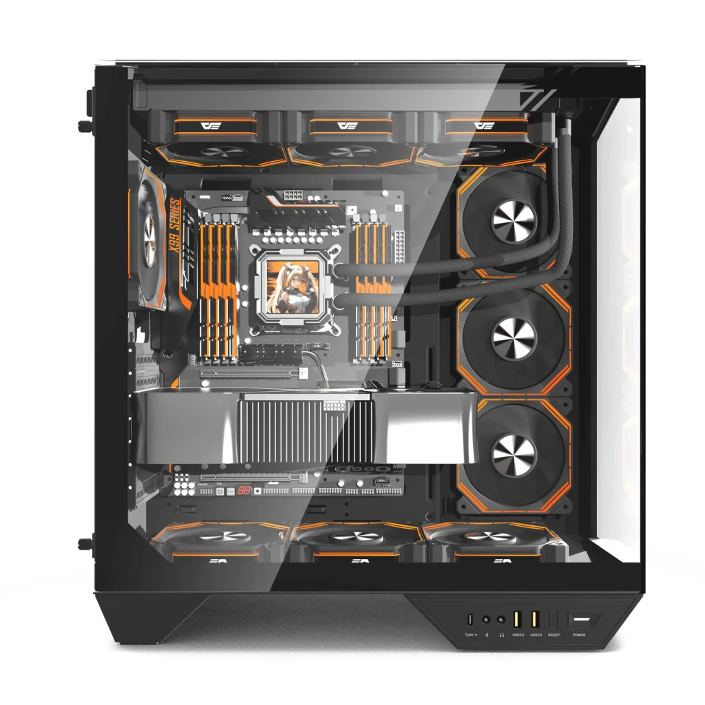 Caja PC Darkflash DY470 ATX Radiador 360mm Negro, en uso: interior con placa base ATX, radiador 360mm y 6 ventiladores