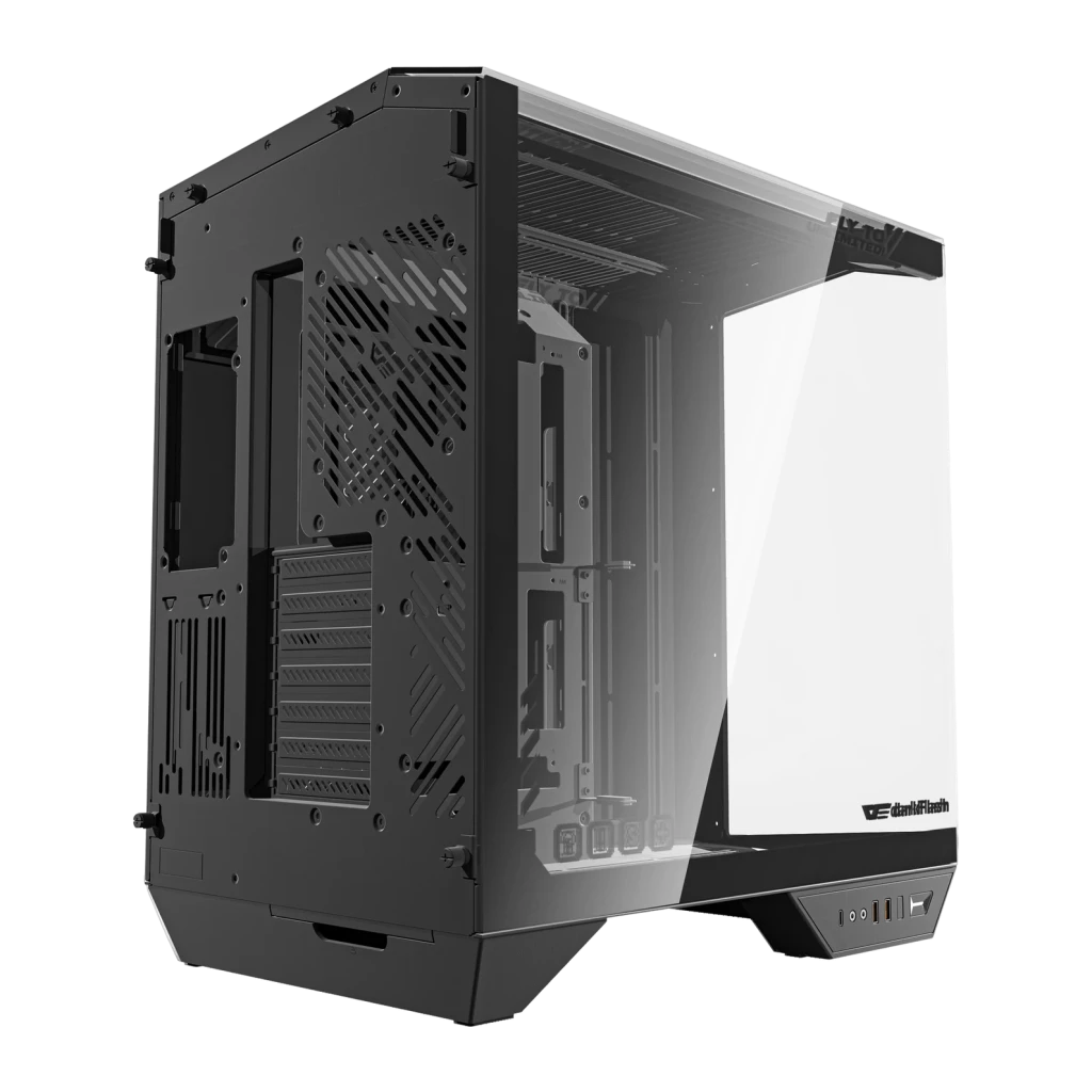 Caja PC Darkflash DY470 ATX Radiador 360mm Negro, detalle: vista angular con panel lateral de cristal templado y interior