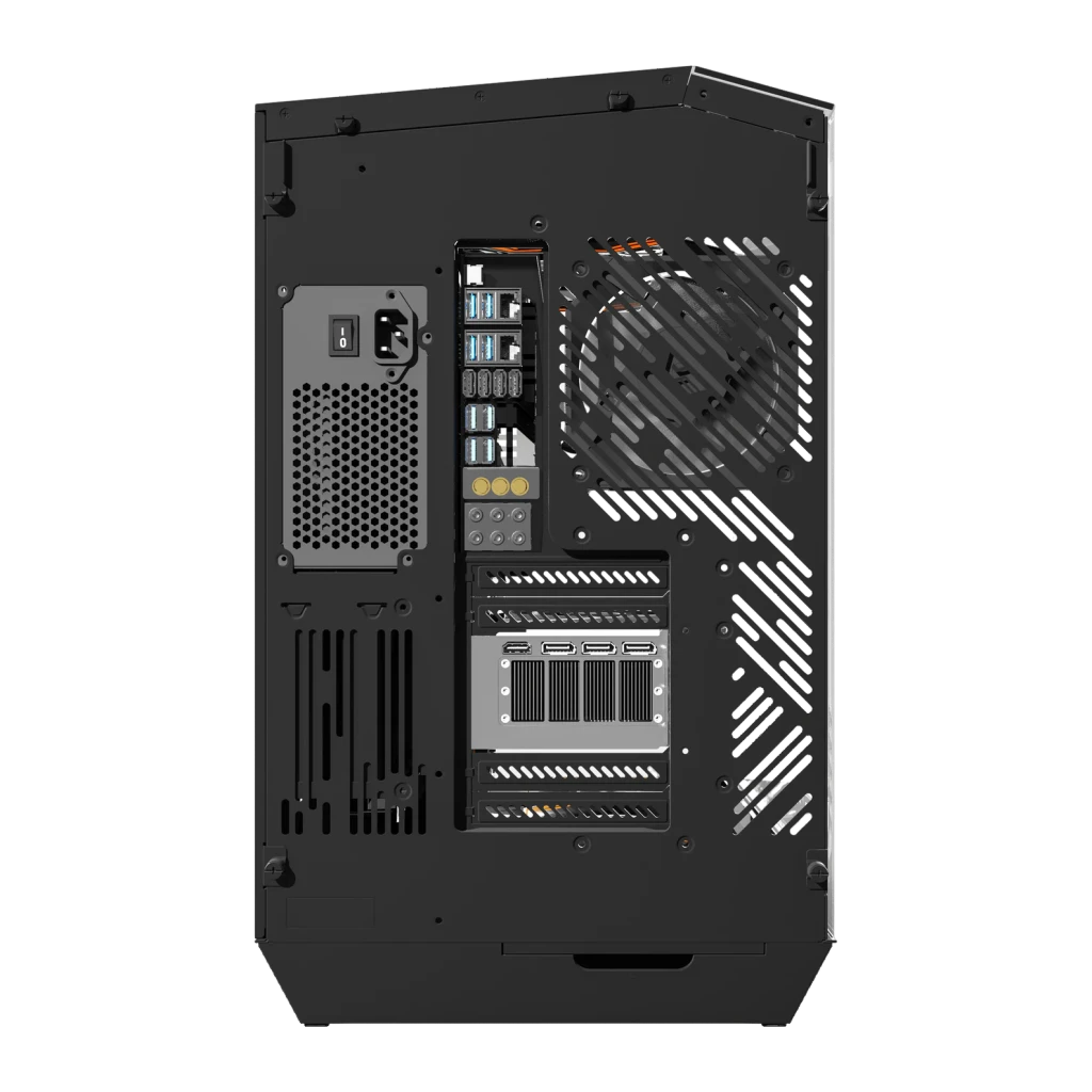 Caja PC Darkflash DY470 ATX Radiador 360mm Negro, vista trasera: zona PSU, slots de expansión y ventilador lateral