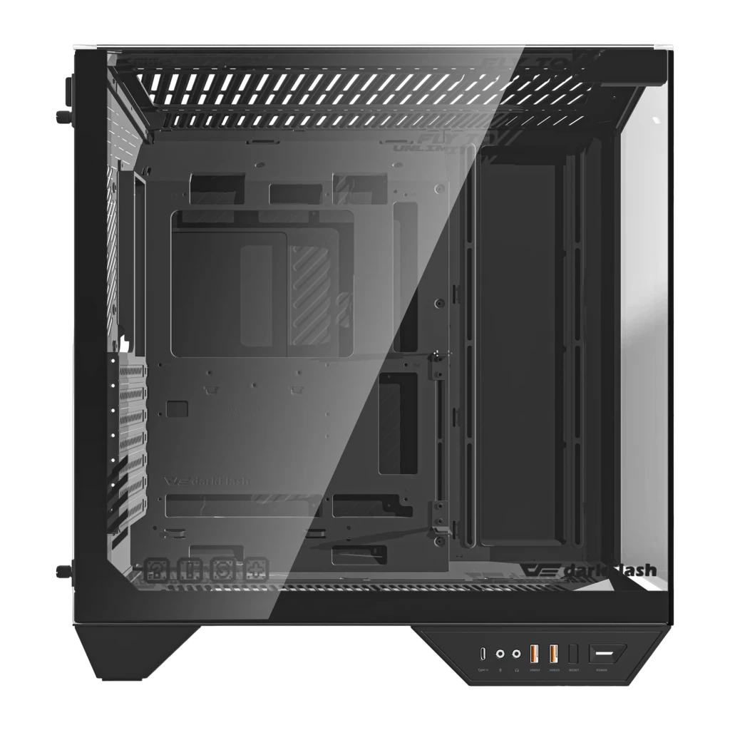 Caja PC Darkflash DY470 ATX Radiador 360mm Negro, detalle: panel lateral de vidrio templado y interior con soporte