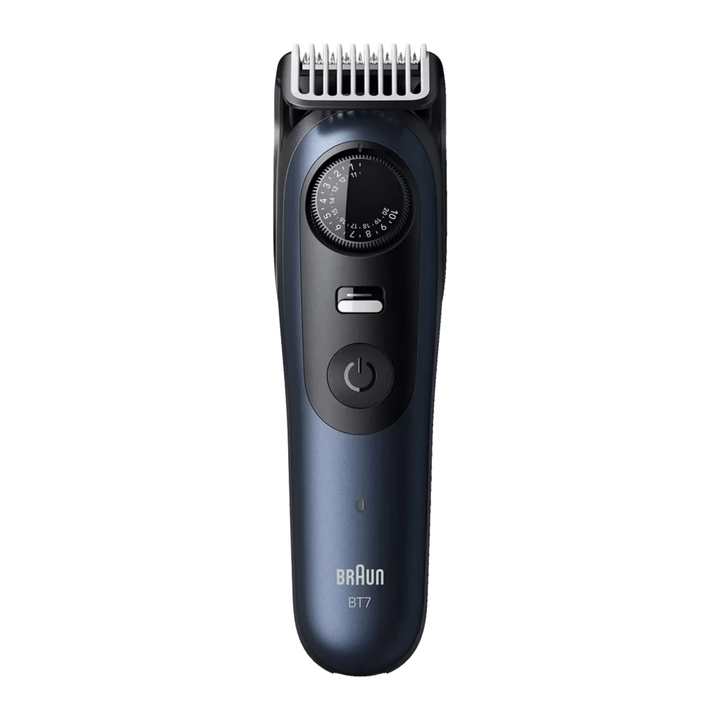 Aparador de barba Braun Series 7 BT7520 Seco e molhado 120min Azul/Preto, vista frontal: cabo azul com dial de comprimento